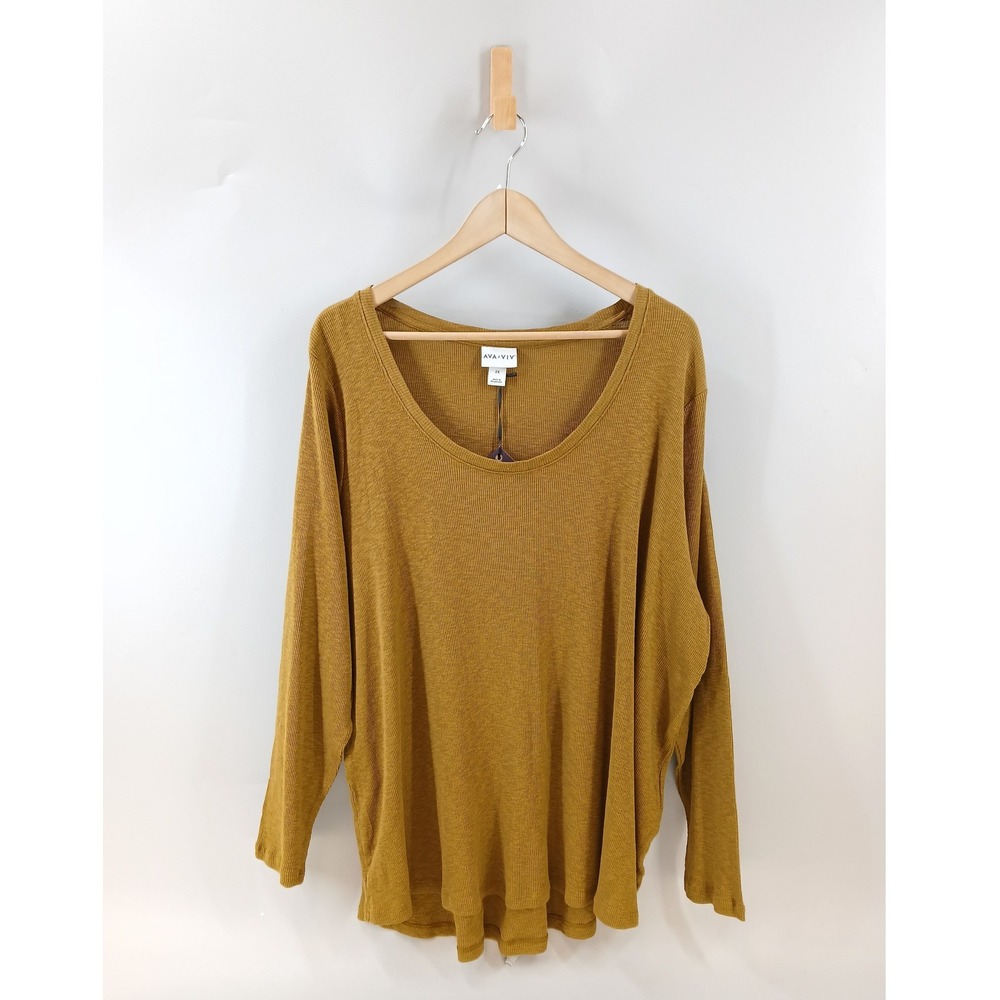 Ava & Viv Ribbed Long Sleeve Top Womens Plus 2X Khaki Scoop Neck Cotton Modal